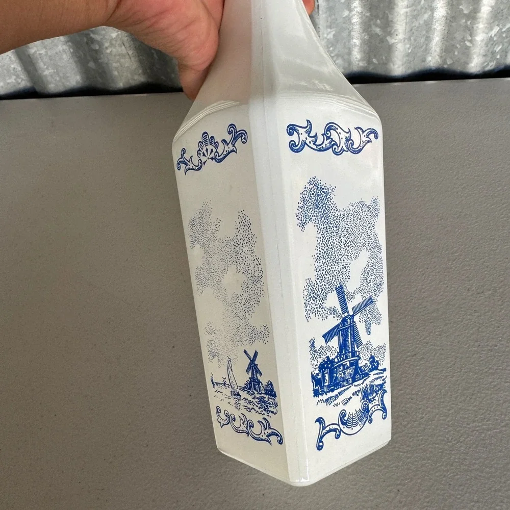 Vintage Milk Glass Liquor Decanter Dutch Windmill Blue White Tulip Cap D-126
